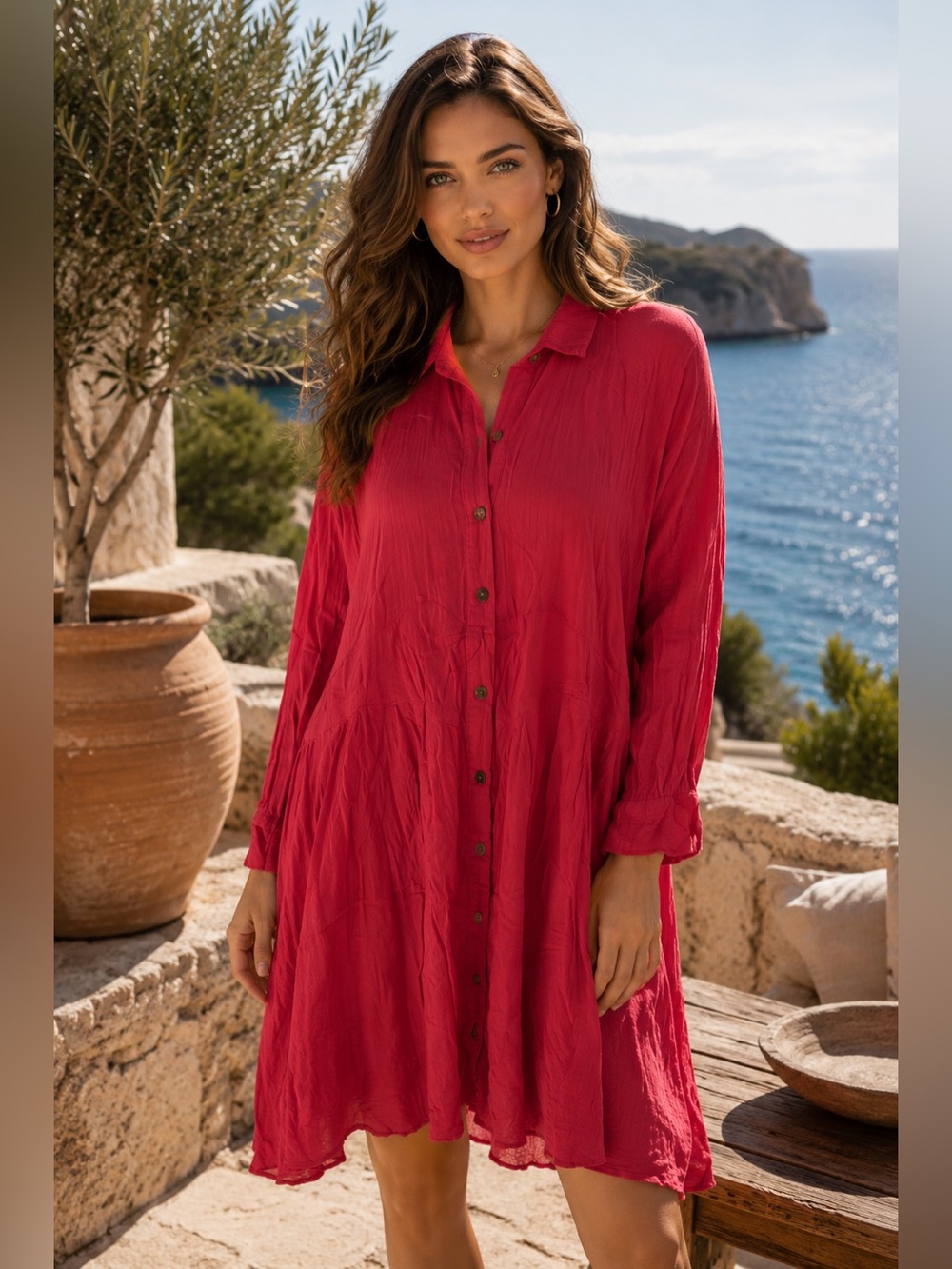 Red Button-Front Midi Shirt Dress by